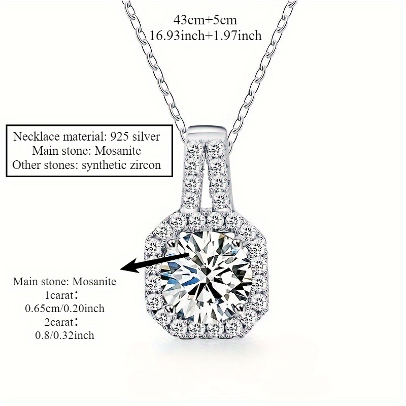 A 925 Silver Princess-cut Moissanite Pendant Necklace with a 1-2 Carat Stone, Featuring a Prong Setting. This Unisex Collarbone Chain Is Perfect as a Valentine's Day Gift for Men and Women, Couples, or as a Present for Weddings, Vacations, Dates