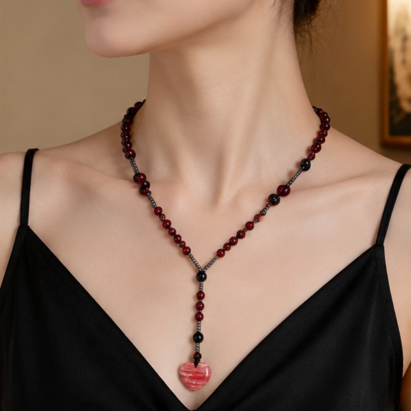 Red Agate Heart Pendant Mala Bead Necklace, Bohemian Style