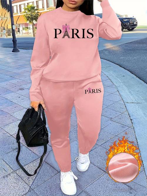öğe resmi mektup baskı i̇ki parça set, crew neck sweatshirt & pantolon, kadın giyim