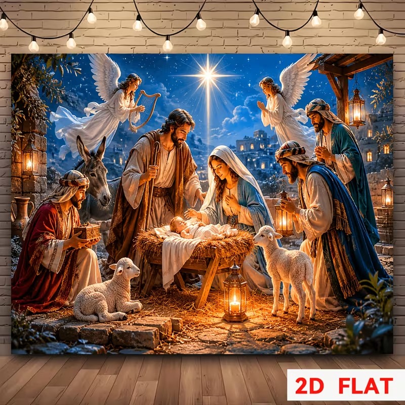 TEMU 1pc Horizontal Nativity Scene Banner Backdrop Suitable For Indoor/outdoor Christmas & Church Decorations - Holy Family With Angels, Lamb & 3 ,