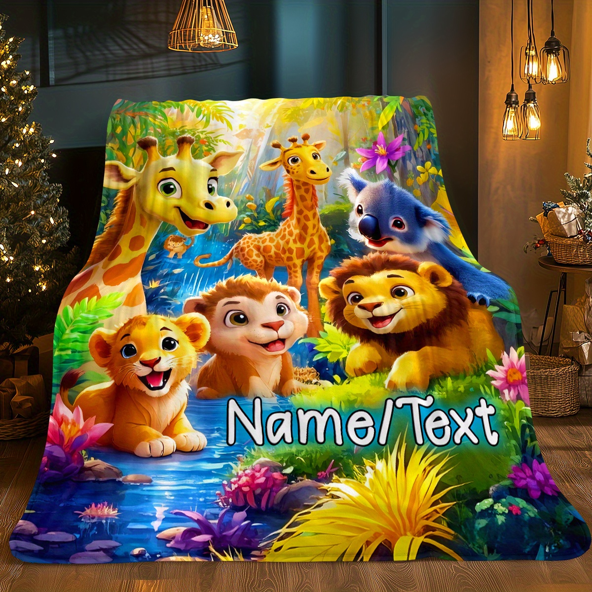 TEMU Custom Name Cartoon Forest Animal Blanket-lightweight Flannel Home Furnishings Bedding Blanket Suitable For Sofas Beds Travel Camping Living