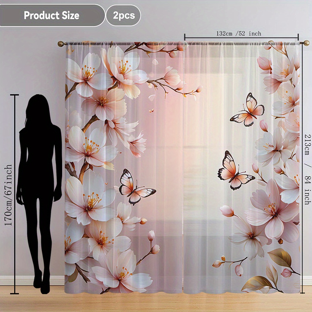 TEMU 2pcs Pink Cherry And Orange Printed Home Decoration Curtains, Elegant Window Curtains, Suitable For Kitchens, Cafes, Restaurants, , Gardens,