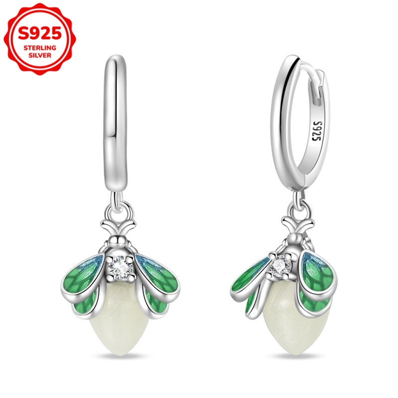 925 Sterling Silver Women's Hypoallergenic Luminous Green Firefly Earrings, Exquisite Earrings, Elegant Gift For Her