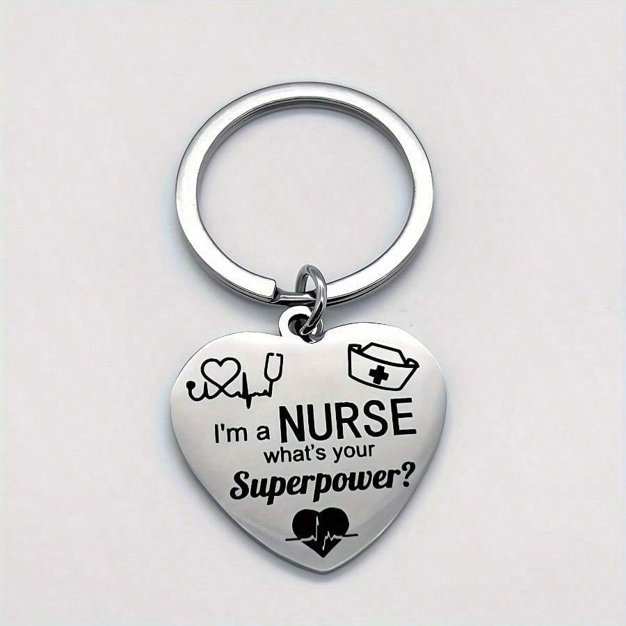 TEMU 1pc Stainless Steel Nurse Keychain - Heart-shaped -themed Gift With Stethoscope & Syringe Design, "i'm A Nurse What's Your ?" - Durable Nursing