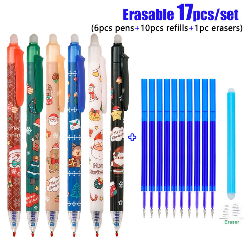 Image of 17pcs Set Of Stylish Christmas Erasable Gel Pens, High-value Christmas Gifts For The Holidays, Stationery Gifts With 0.5mm Blue Refills