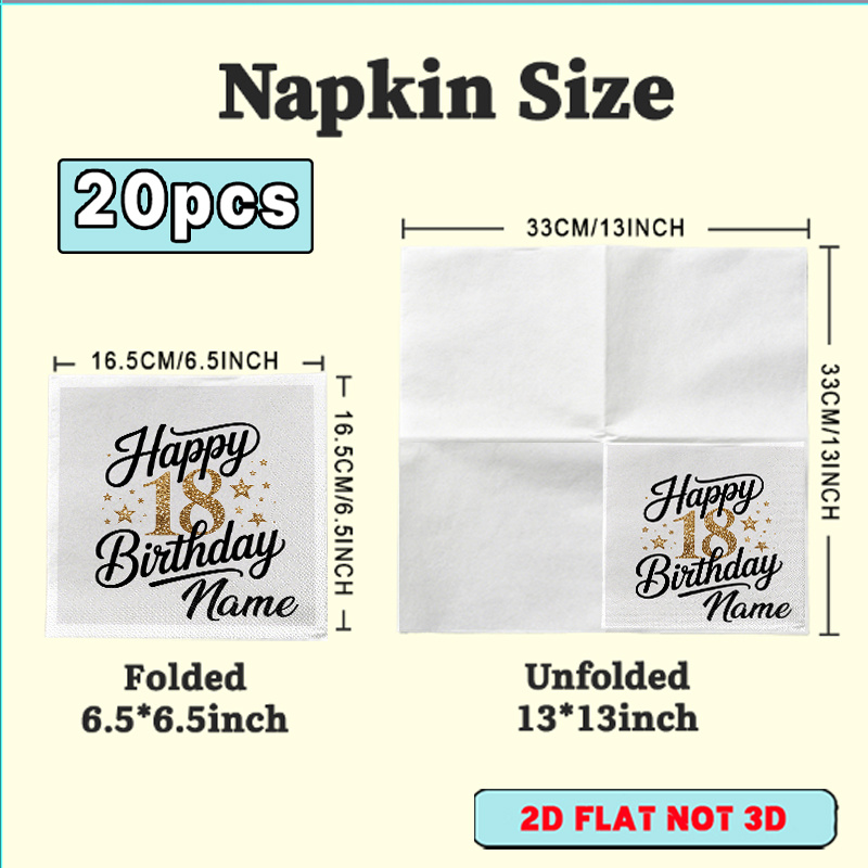 TEMU Serviettes de table 2D plates personnalisées, 20 pièces, 18e anniversaire avec étoiles dorées scintillantes et nom, parfaites pour décorer les