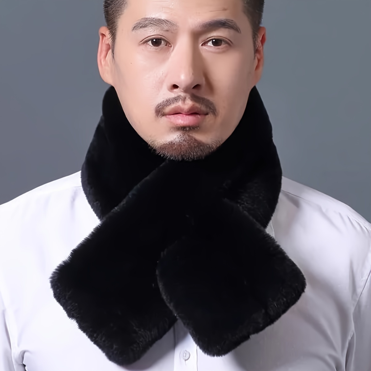 

1pc Men's Plush Rabbit Fur Scarf, Warm Soft Solid Color Polyester Neck Warmer, Simple Knit Style, Funky Weave