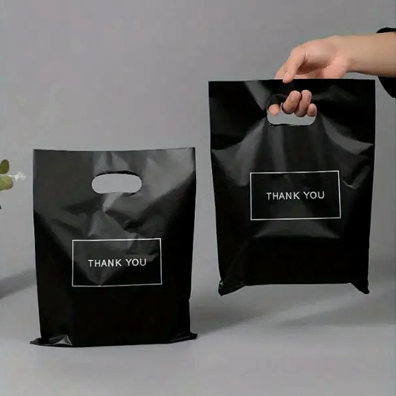 

-pack Black Pe Plastic Gift Bags With "thank You" Print, Reusable Tote Bags For Party Favors, Clothing Store Packaging, Hand Carry Bags For Holiday Gifts