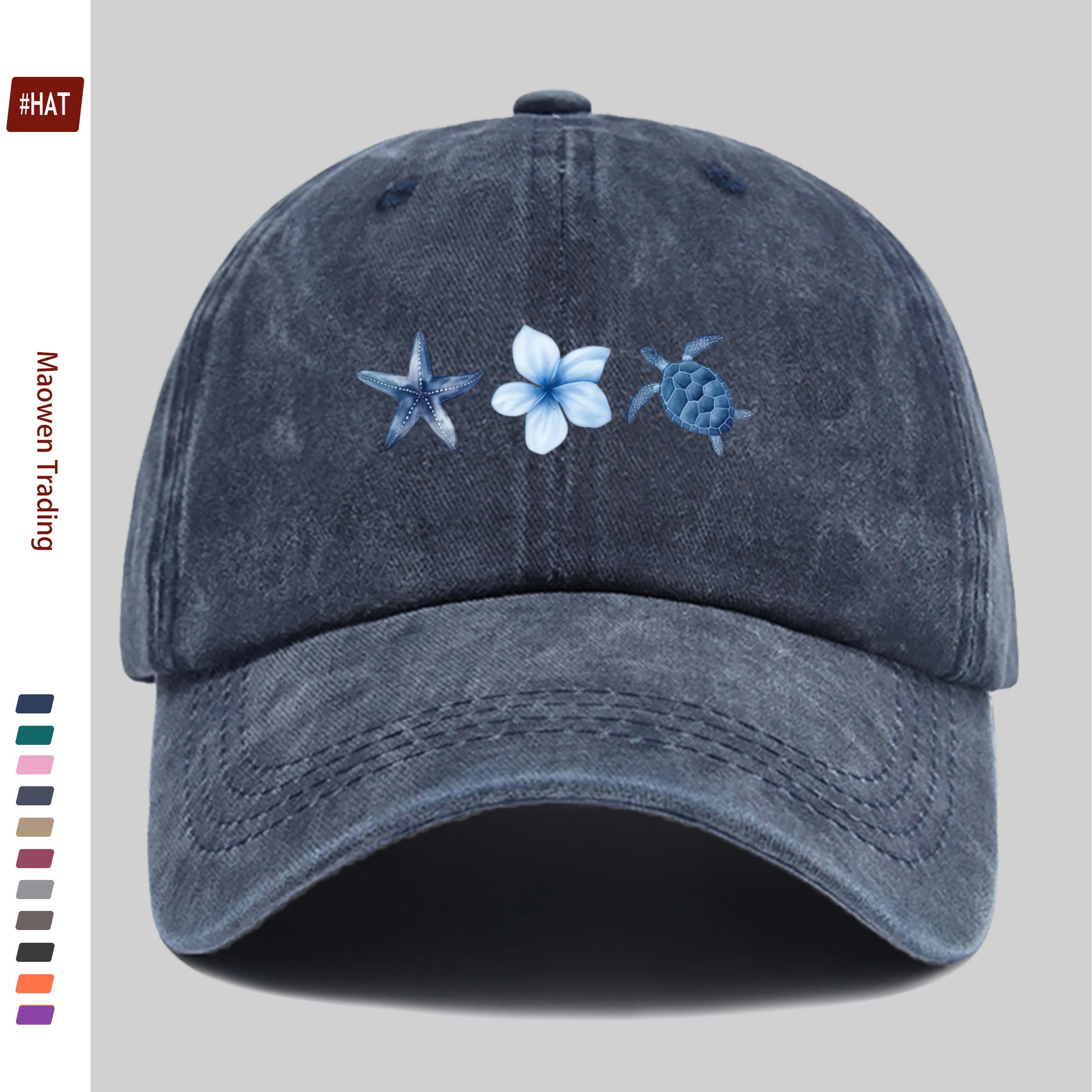 TEMU 1pc Adjustable Baseball Cap With Starfish Magnolia & Sea Turtle Print - Lightweight Polyester Suitable For Outdoor, Beach Vacations, Parties,