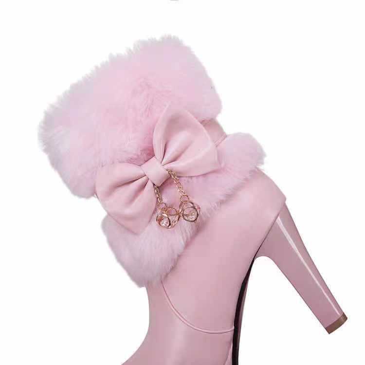 Women'S Winter Warm Fleece-Lined Ankle Boots with Plush Furry Collar & Bowknot - Chunky Heel, Round Toe, Zipper Closure, Lightweight Durable PU Cover, Cushioned Insole & Arch Support - Elegant Cold-Proof Boots for Outdoor Walking, Casual & Formal Ou