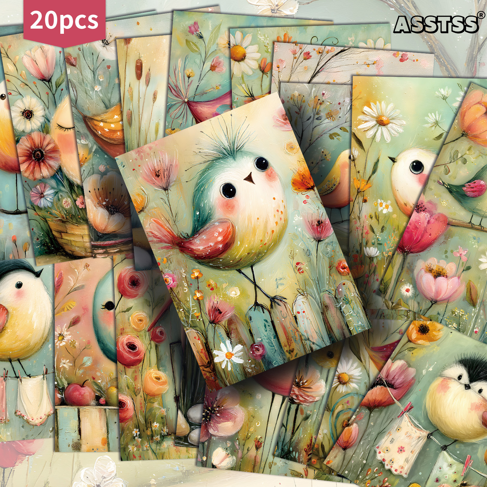 TEMU 20-pack Asstss Vintage Spring Whimsical Bird Postcards - 4x9 Inches Retro Junk Journal Supplies, Classic Pinup Illustrations Collectible