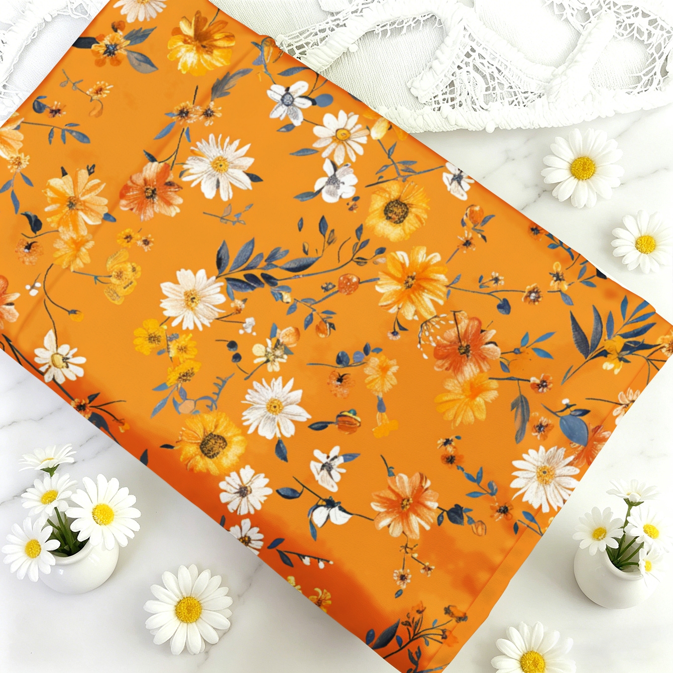 TEMU 1pc Orange Floral Pattern Fabric, Multiple Sizes Available, Soft And Comfortable Polyester Fabric For Diy, Suitable For , Diy Crafts, Diy Bags,