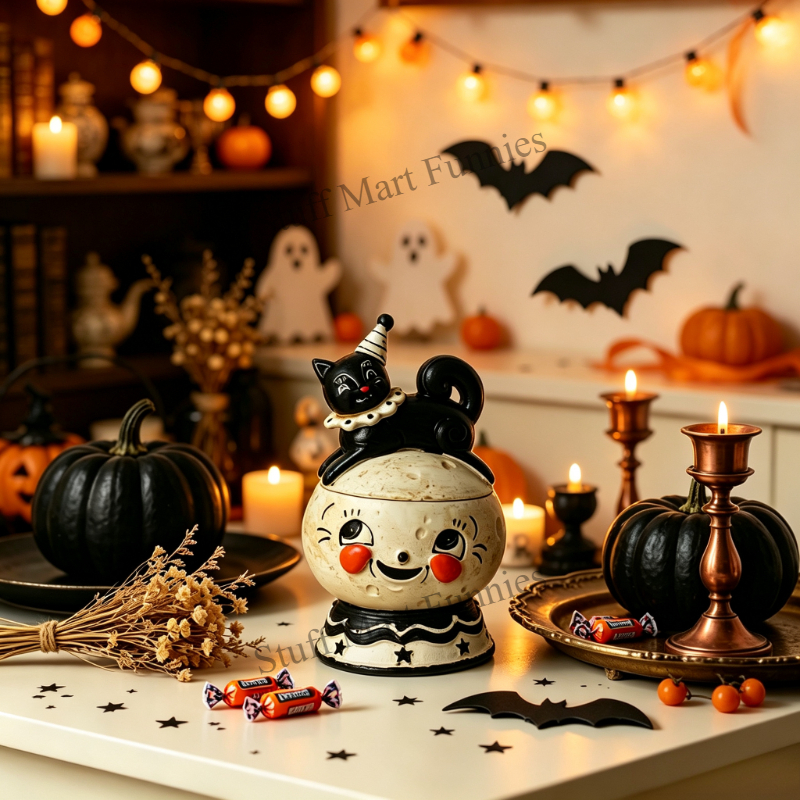 TEMU Vintage Halloween Black Cat Candy Jar With Lid, Retro Trick-or-treat Candy Bowl For Tabletop, Shelf & Mantel Decor, Decorative Treat Container
