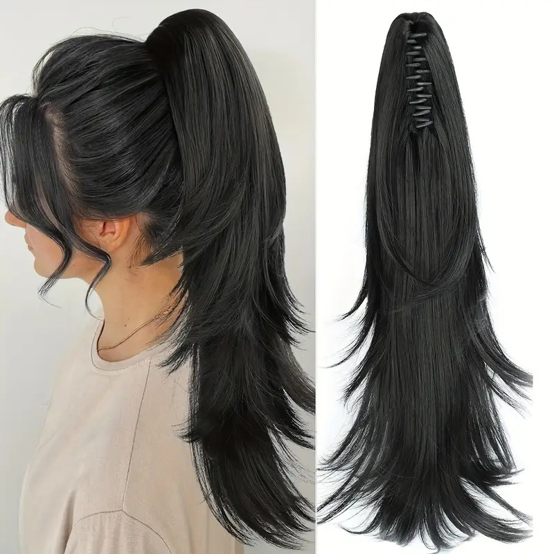 Image of Volume-boosting Long Ponytail With Layers, Heat-resistant Clip-in Layered Straight Hair Wig- Clip-on Attachment For Daily Wear, Heat-resistant Synthetic Hair For Volume& Length