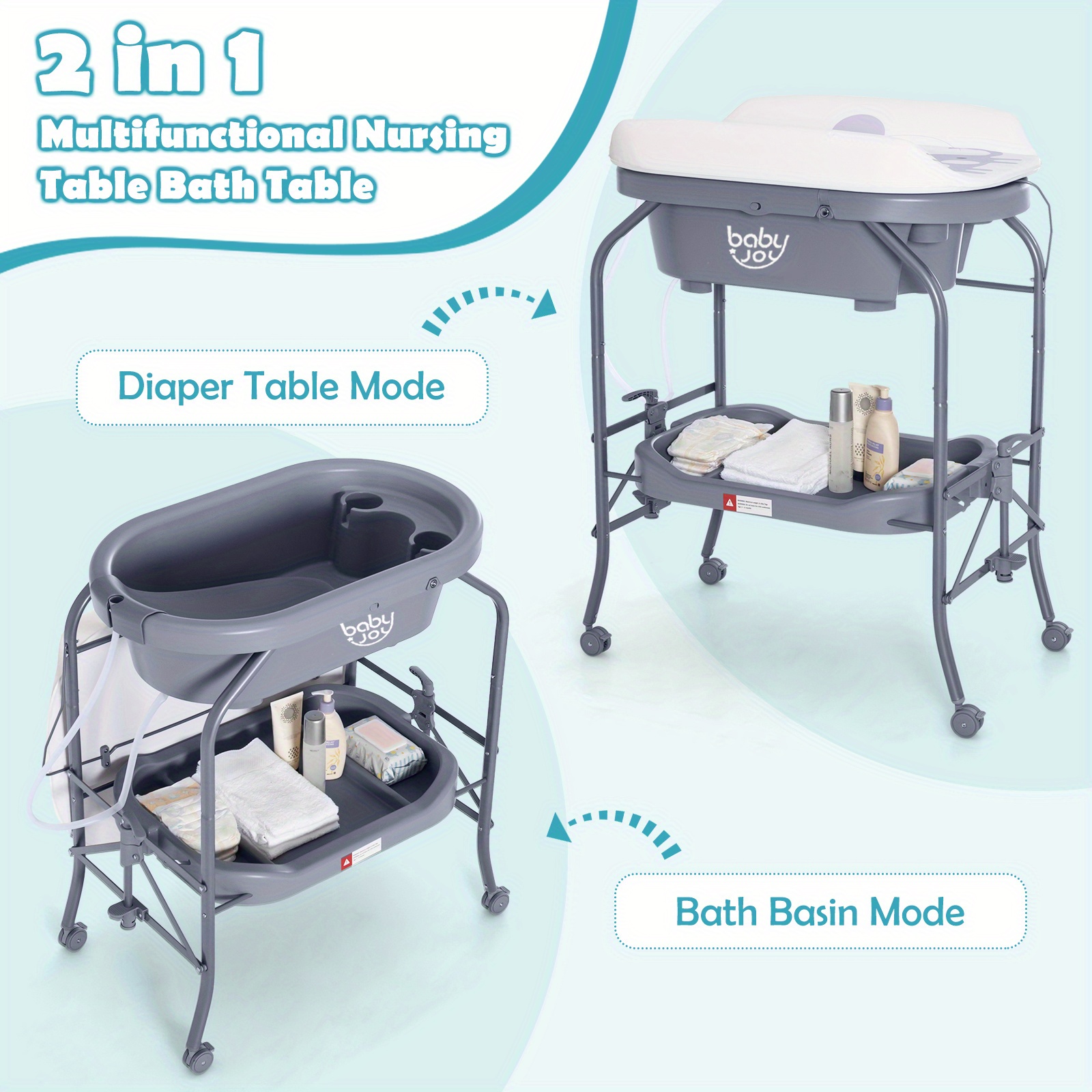 Grey COSTWAY 2-in-1 Folding Changing & Bathtub Table Mobile Nursing Station w/ Lockable Wheels & Storage Basket
