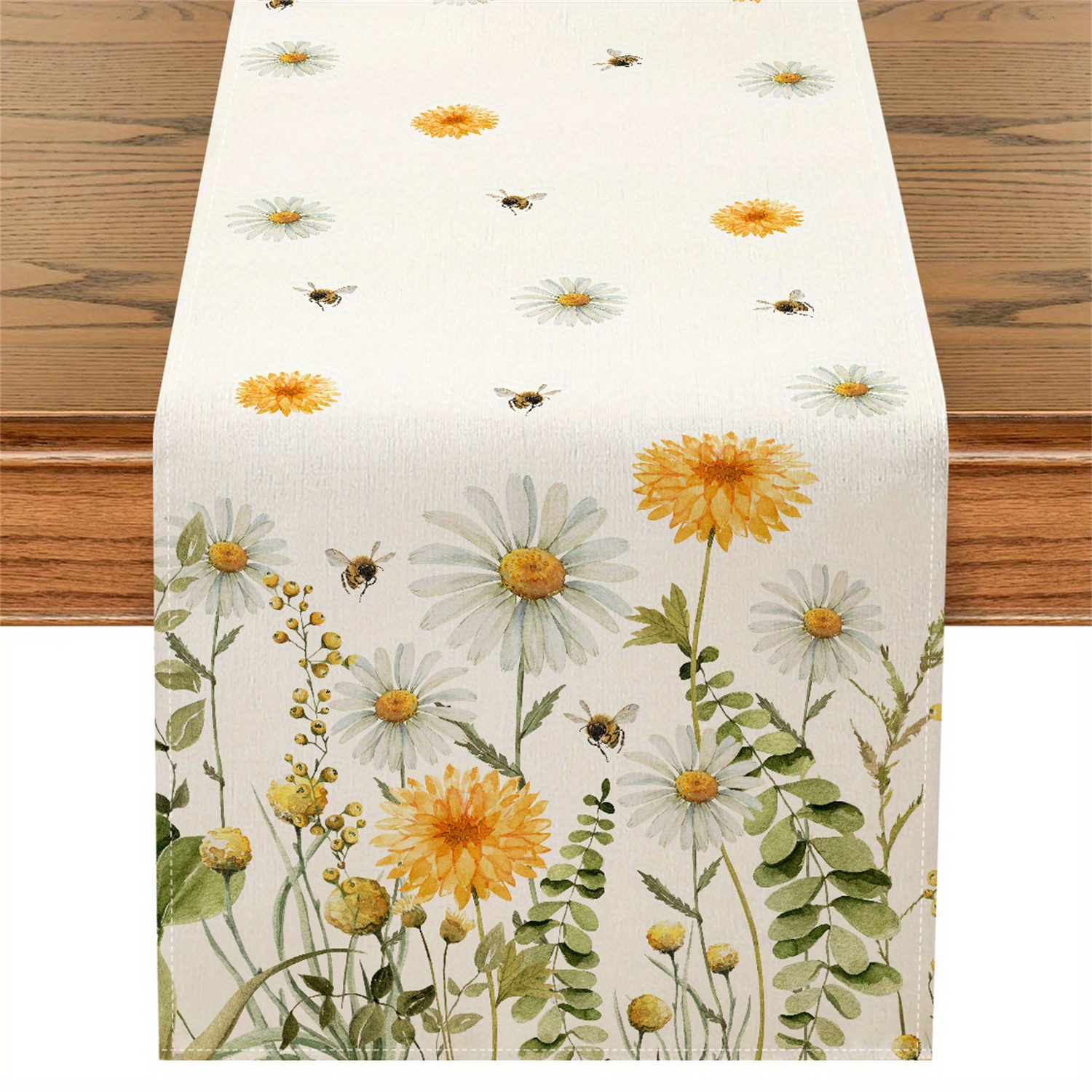 TEMU Vibrant Pattern Table Runner - Pastel Yellow & Green With Bees, Polyester Fabric, Perfect For Home Party Decor, Holiday Gifts, And Wedding