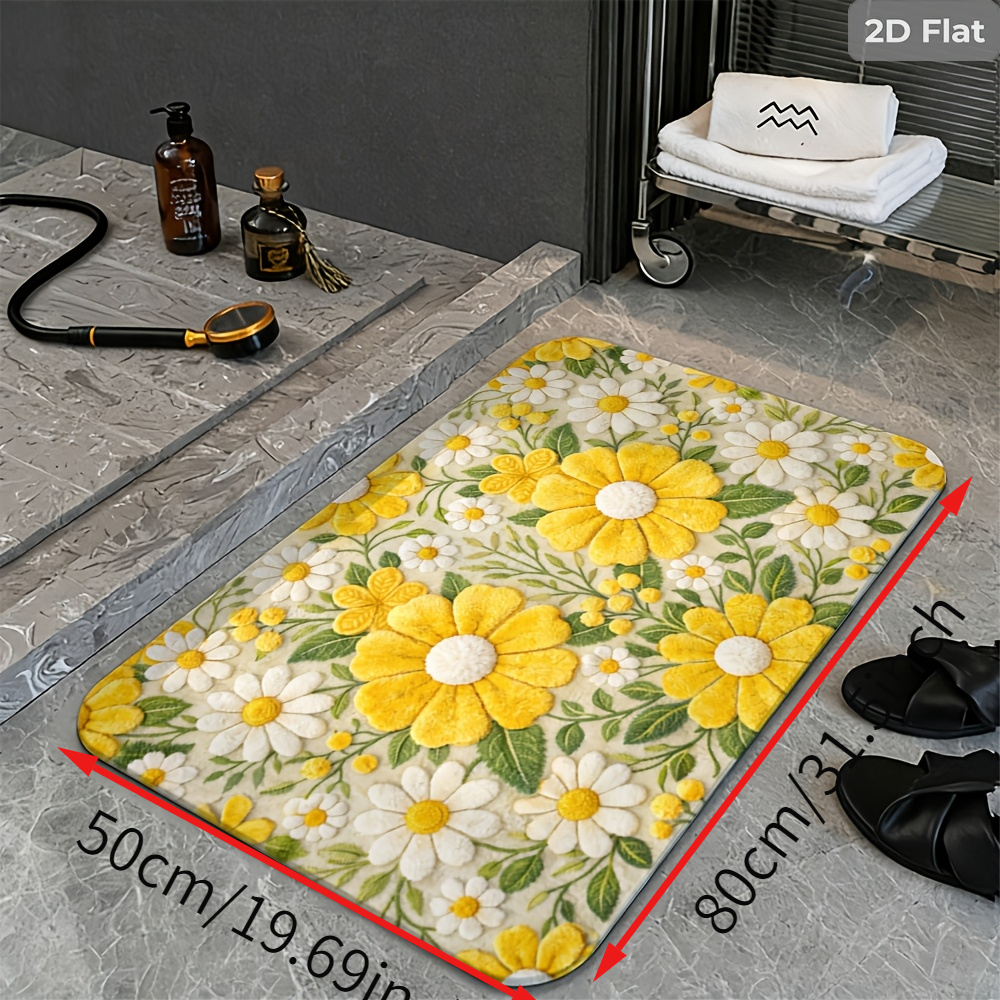 TEMU [2d Pattern]daisy And Sunflower Pattern Bathroom Non-slip Mat, Made Of Diatomite, Suitable For A Rustic Style. Very Suitable For The Entrance,