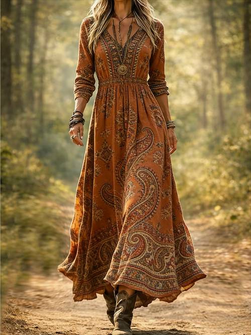 womens vintage inspired western ethnic v neck loose maxi dress elegant and flowing casual dress with retro abstract print ideal for daily and outdoor great for and autumn