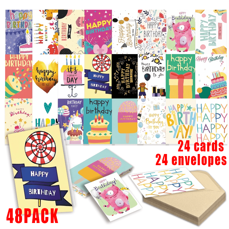 

48-pack Assorted Birthday Greeting Cards With 24 Envelopes, Fun Cartoon Designs, Bulk Set For Celebration, Easy To Store,