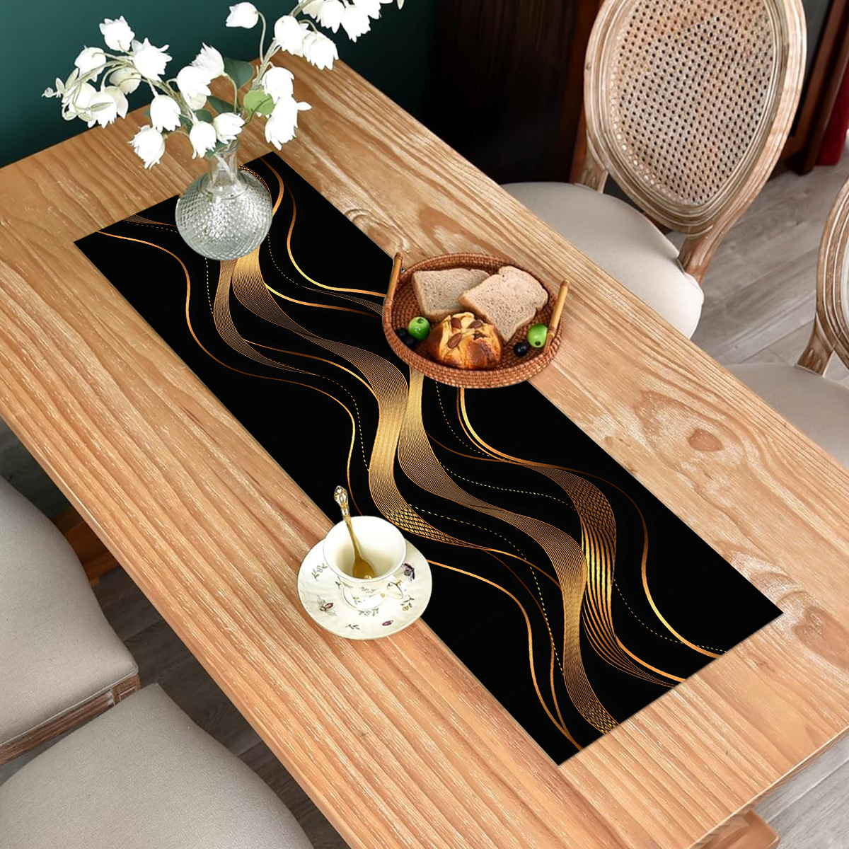 Elegant Black & Golden Abstract Art Table Runner - Polyester, Perfect For Holiday Dining Decor & New Year Gifts