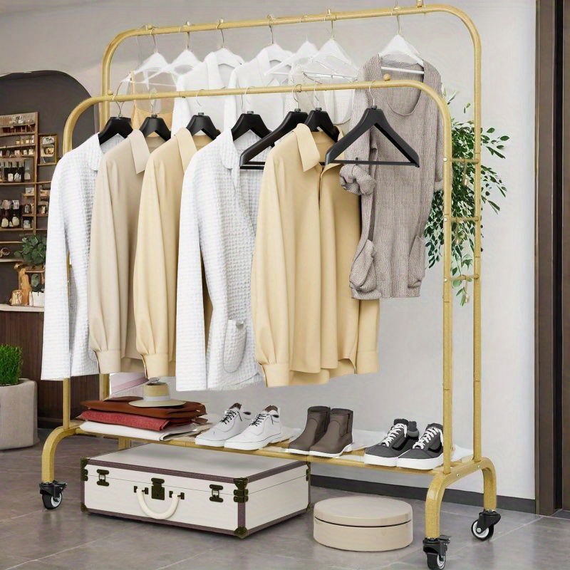   iron double rods garment rack with wheels freestanding multi functional clothing organizer portable clothes hanger with 4 hooks with no electricity required for closet storage details 4