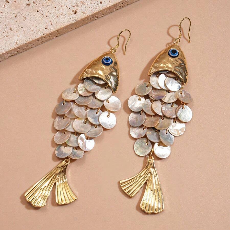 TEMU European And Creative Fish-shaped Shell Tassel Ear Hooks Beach Elegant High-end Earrings For Women