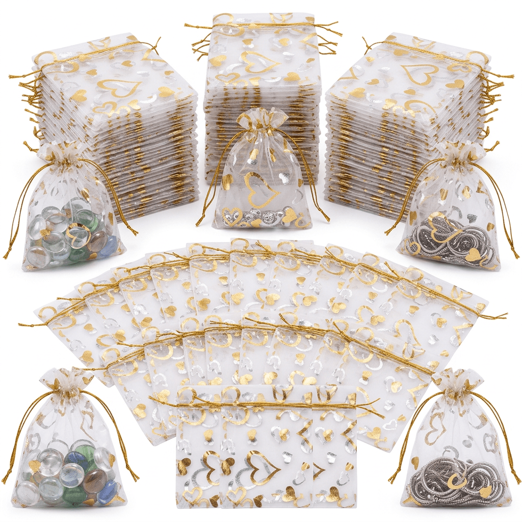 TEMU 100pcs Sacs Cadeaux en Organza Transparent, Pochettes à Bijoux Motif Cœur en et avec Cordon Coulissant, Sacs de Friandises Transparents pour