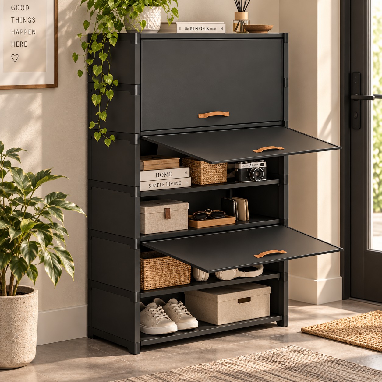 TEMU Meuble à chaussures à 7 niveaux, grande , à couvercle rabattable avec porte transparente, 1 , étagère à chaussures haute en métal, organisateur