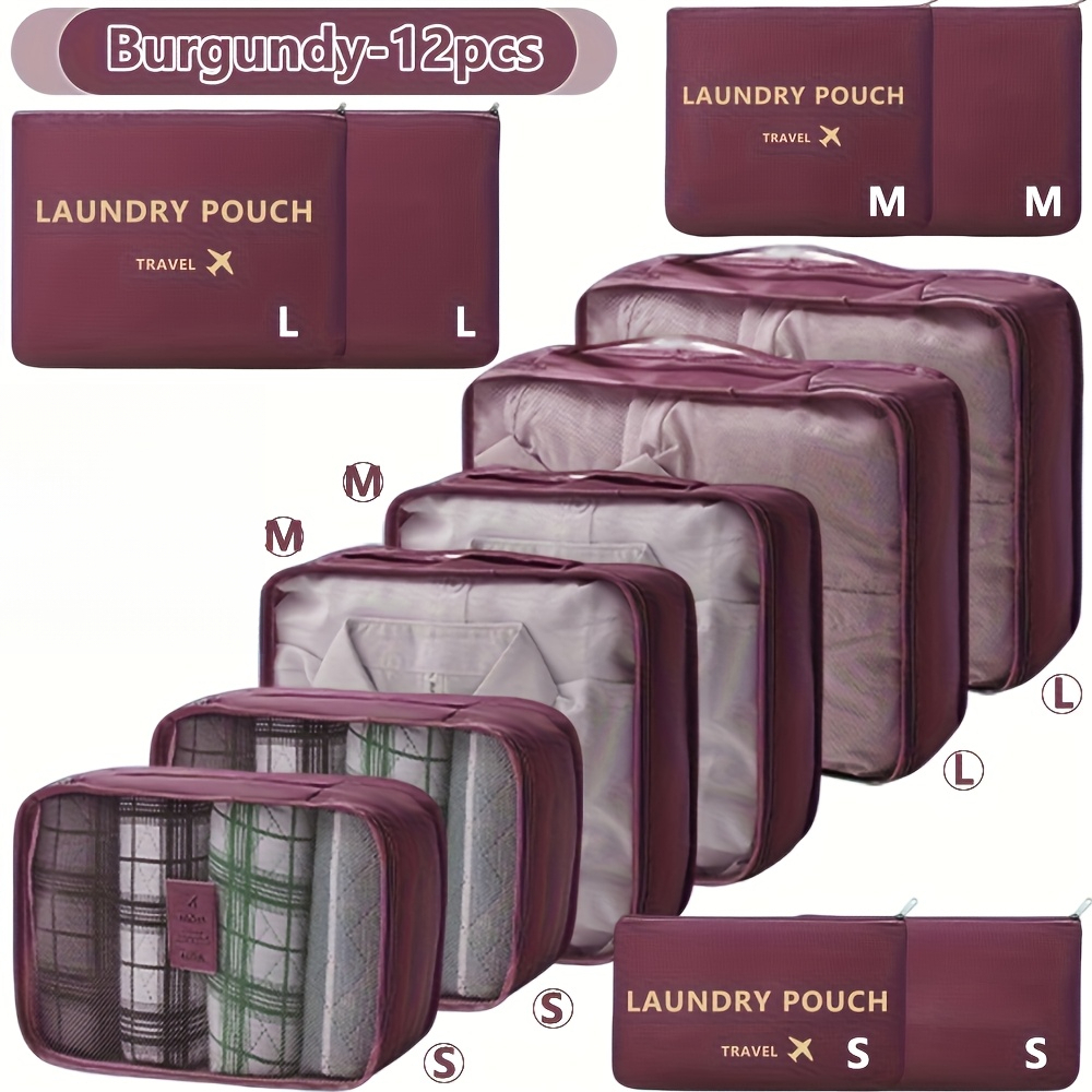 TEMU 12pcs Light Weight Mesh Luggage Organizer Bags, Space- Travel Pouches With Zipper Inner Pockets, Sorting Storage For Shoes Toiletries Clothes,