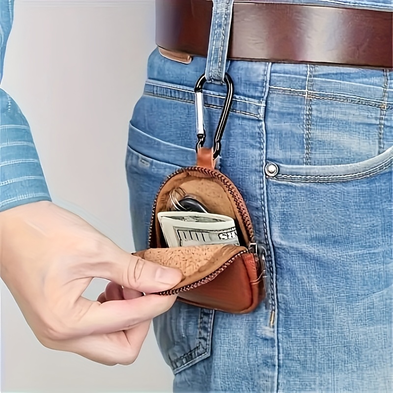 Men's Vintage Faux Leather Zipper Coin Purse With Keychain And Card Slot- Compact Brown Daily Commuting Wallet, Durable And