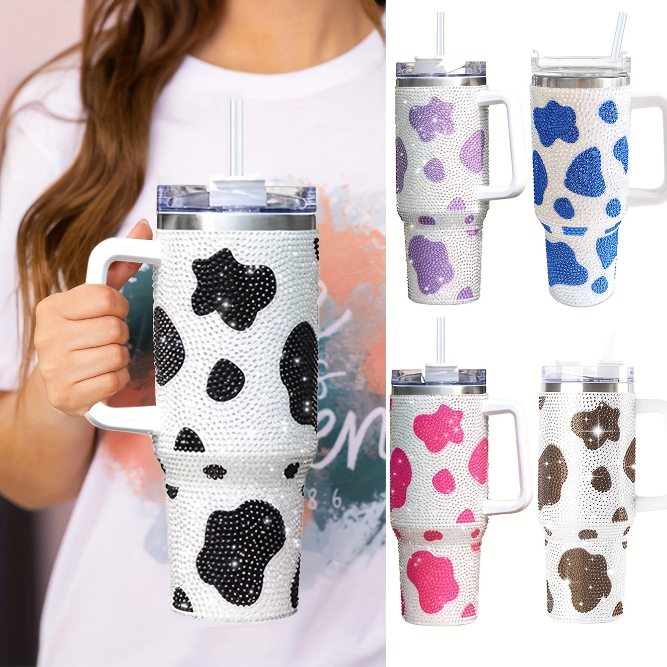 1pc 40oz Stainless Steel Insulated Tumbler with Sparkling Diamond Cow Pattern Design, Large Capacity Reusable Water Bottle for Office, Home, Sports & Travel, Hand Wash Only, Water Bottle Insulated, Travel Drinkware, Glossy Finish, Playful Cow Pattern, Durable Drinkware