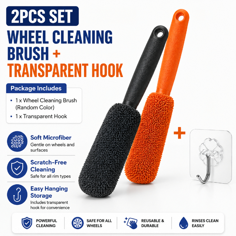 TEMU Microfiber Flexible Cleaning Brush 2pcs Set, 1 Brush + 1 Storage Hook, - Tire Detailing Brush, Deep Cleans Crevices, Easy To Clean Portable Car