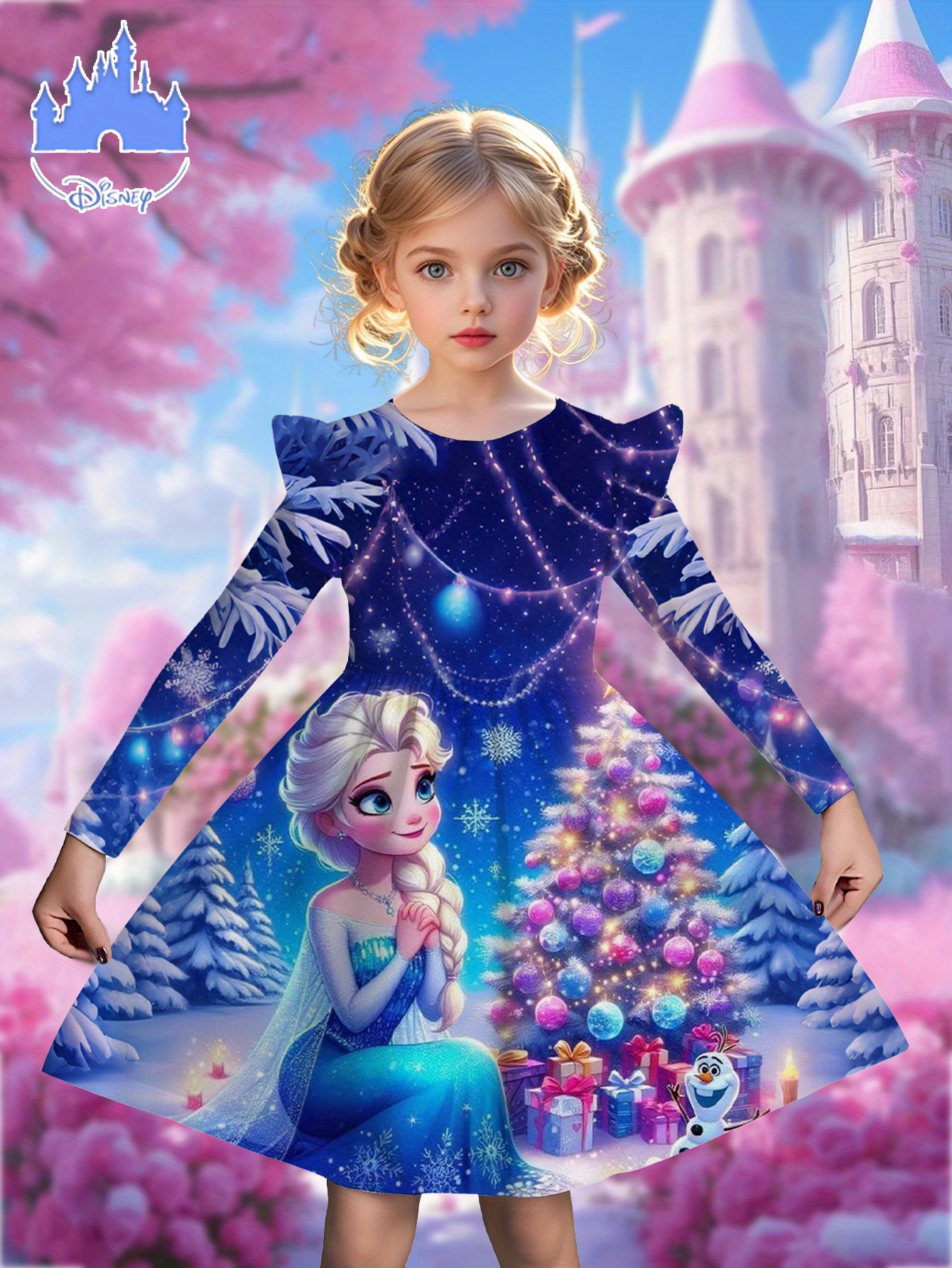 Disney Elsa-Geïnspireerde Meisjesjurk met Lange Mouwen en Sneeuwvlok & Boomprint - Zacht Polyester, Ronde Hals, Perfect voor Buitenspelen