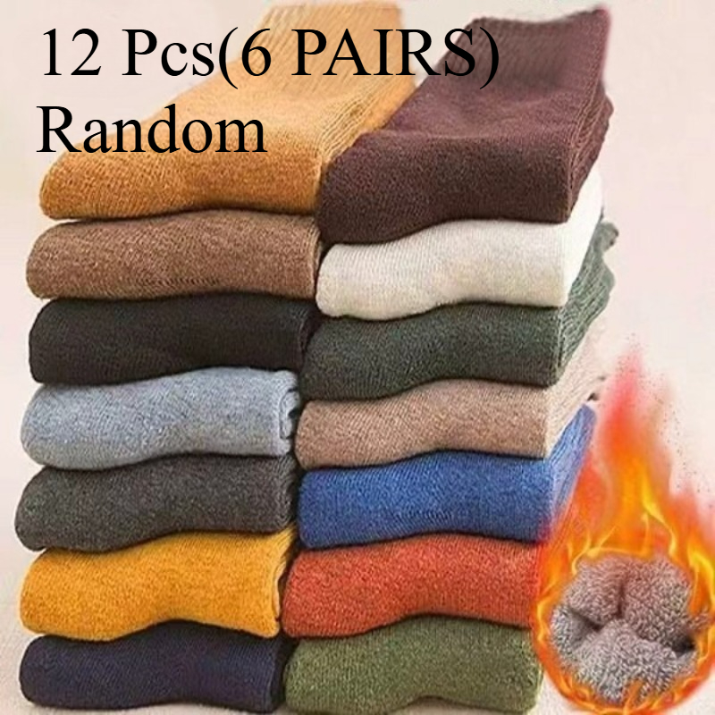 Image of 12pcs (6 Pairs) Of Random Color Socks Men's Mid-tube Socks Autumn And Winter Long Socks Thickened Fleece Winter Men's Warm High Tube Towel Long Socks Women
