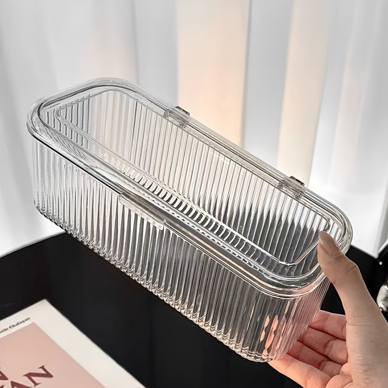 clear plastic storage box with lid transparent stackable organizer for makeup brushes hair accessories and beauty tools ideal for bedroom or bathroom vanity makeup storage organizer Product details 1