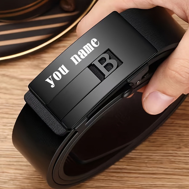 ized Name/Initials Engraved Men's Automatic Buckle Belt - Custom PU Leather Dress Belt with Golden-Tone Buckle, No-Hole Closure, Black Strap for Business, Wedding, Casual - Ideal Gift for Husband, Father's Day, Christmas (Add Your