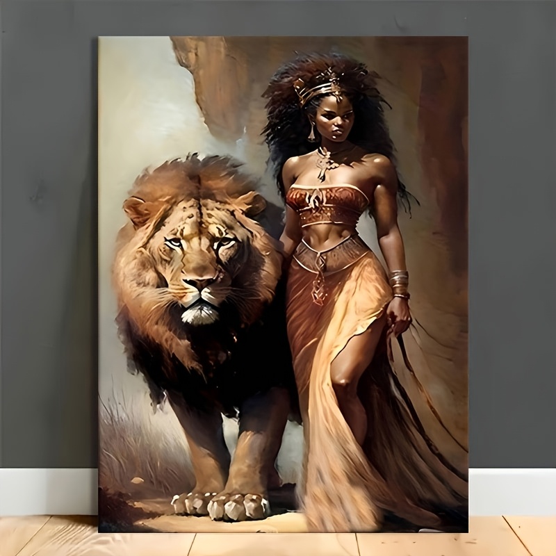 TEMU Art mural plat 2D, 1 pièce, et lion - Impression sur bois aux chauds, style décoratif , peinture traditionnelle africaine, convient pour la