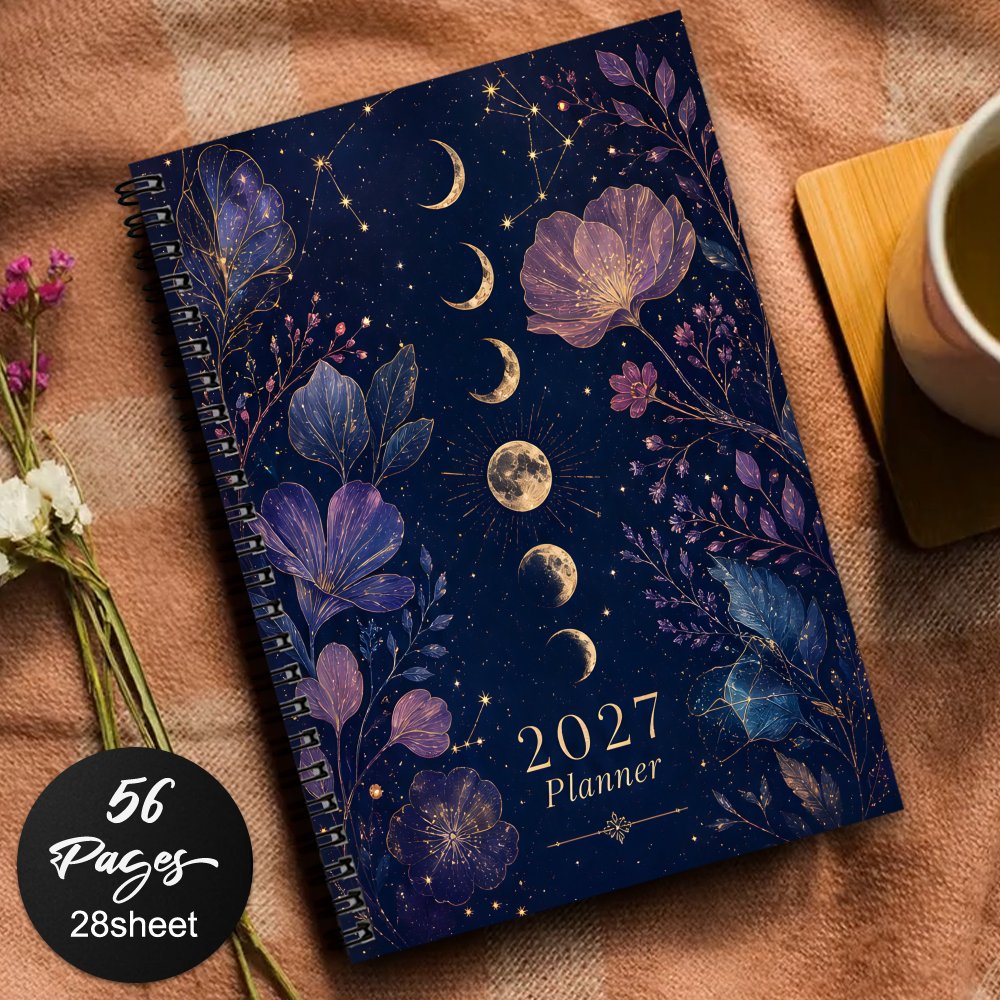TEMU 1pc 2027 Celestial Phase Spiral Planner - Undated Calendar Organizer With Spiral Binding, Compact Hardcover Notebook Suitable For College,
