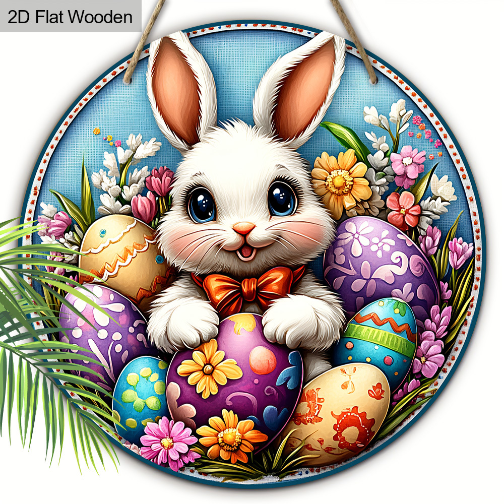 Image of 2d Flat, 2d Flat 1pc Easter Spring Rabbit Colored Flower Eggs Flat Wood Porch Wreath Hanging Gift Painting Home Decoration, Tree Decoration Pendant For Garden Party Supplies, 2d Flat