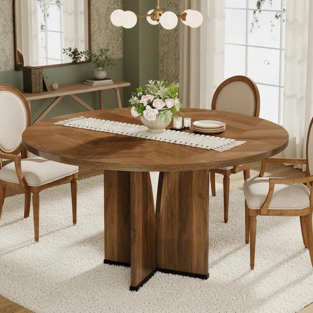 39.37" Round Dining Table For 4, Farmhouse Wood Kitchen Table With Wooden Legs, Brown Dinner Table For Holiday Meal Only Table 1pc