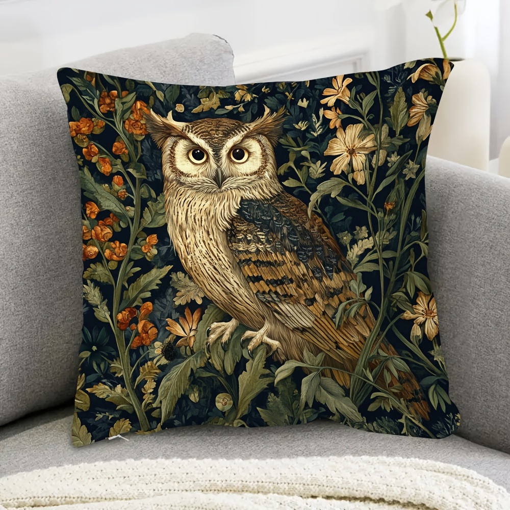 TEMU 1pc Vintage William Style Forest Owl Floral Pillowcase, Made Of Soft And Comfortable Polyester Short Plush Fabric, Single-sided Print, 17.7*17.7
