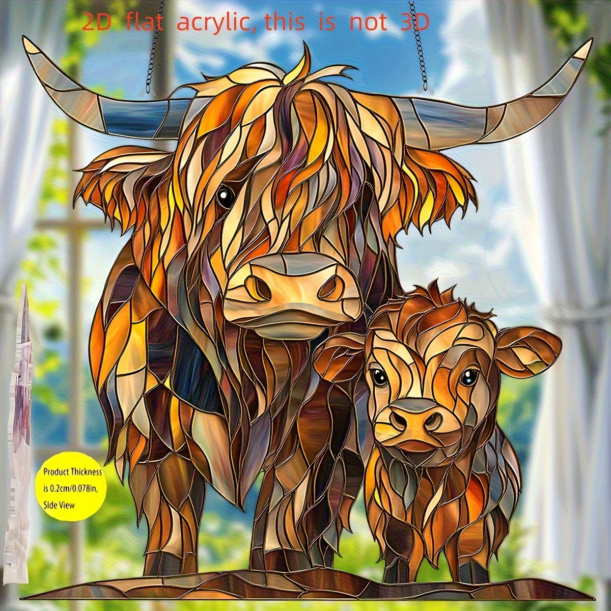 TEMU 2d Flat - 1pc 2d Flat - Highland Stained Acrylic Sun Catcher - 8.0 Inch Vibrant Plastic Wall Decor, Home And Garden Animal Theme, Perfect Gift