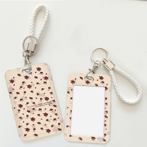 artikel foto kastanjebruine roos id-kaarthouder sleutelhanger met witte kunststof behuizing & beige rand - /rode bloemkaart voor personeel, studenten, credit/bus/bankkaarten, verpleegkundige id-badge accessoire (duurzame hoes cadeau voor vrouwen & mannen)