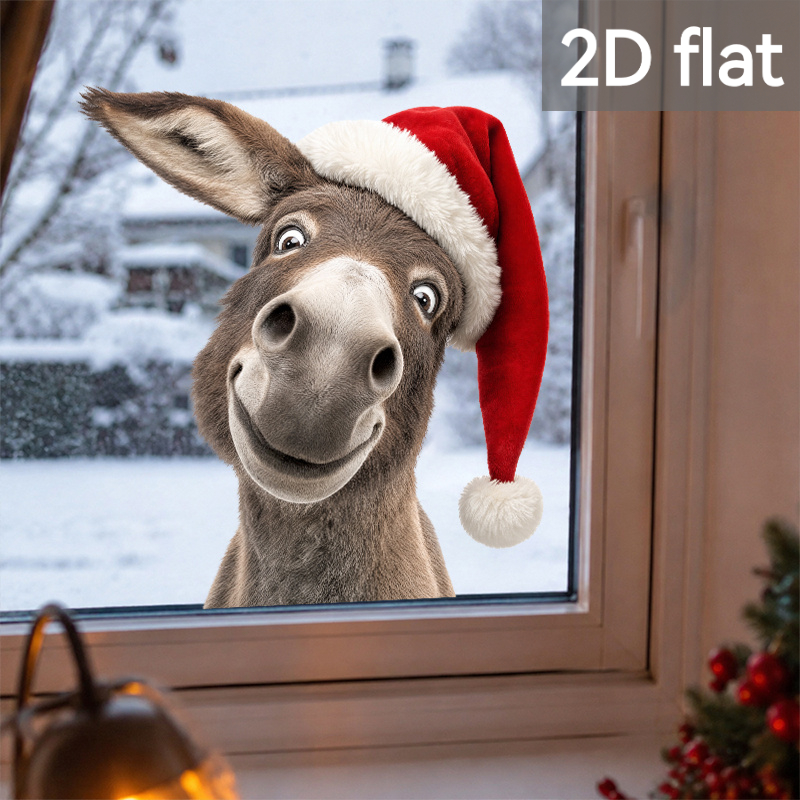 TEMU 1pc With Santa Hat Window Cling, Christmas Themed Peeking Donkey Glass Decal, Adhesive-free Pvc Static Cling, Suitable For Living Room, Balcony,