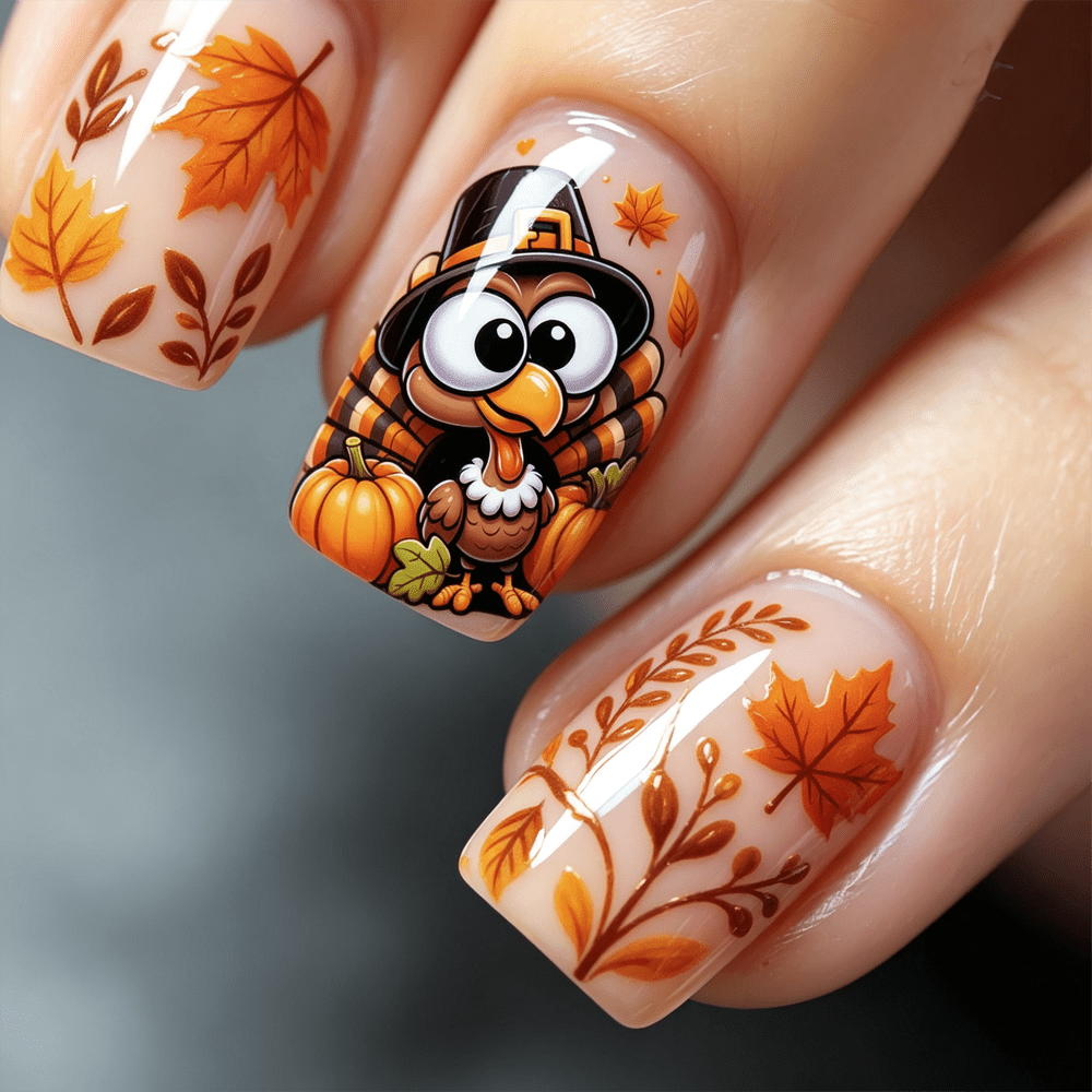 TEMU Autumn Fall Press On Nails Medium Square False Nails Nude Background Stick On Nails Cute Turkey Hat Pumpkin Maple Leaf Nail Art Thanksgiving