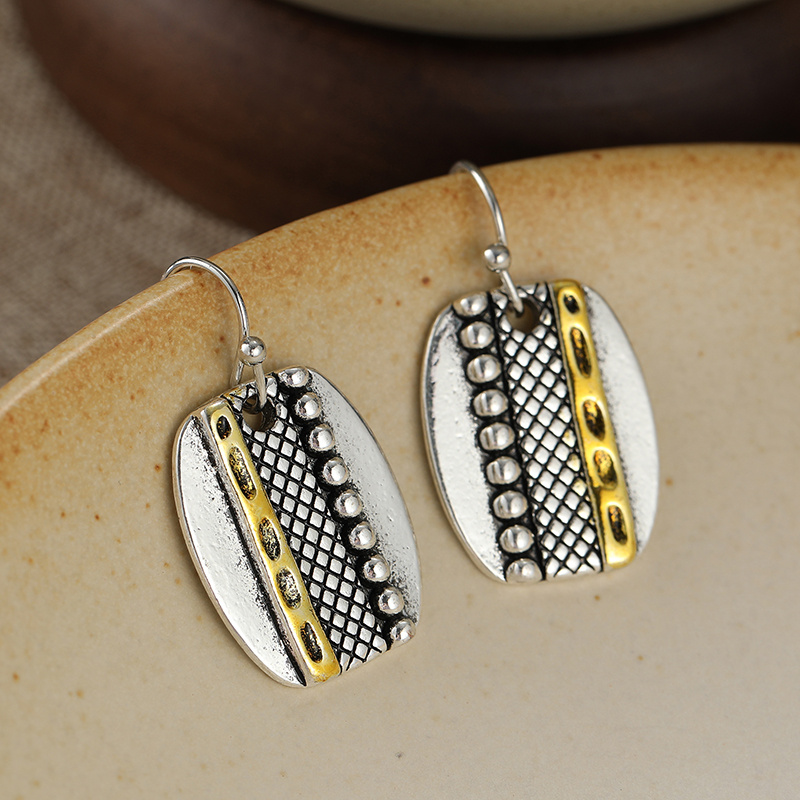 Two-Color Rectangle Dangle Earrings with Hammered Bead Detail