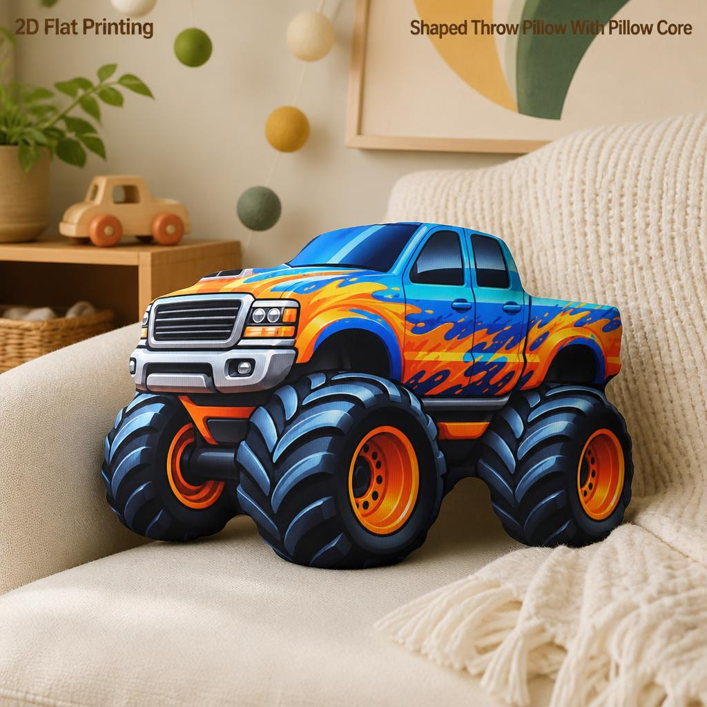 TEMU Blue Flame Monster Truck Enthusiast Gift 2d Flat Printed Plush Throw Pillow, Sofa, Bedroom, Living Room Decor, Office, And Car, Pillow Gift, 2d