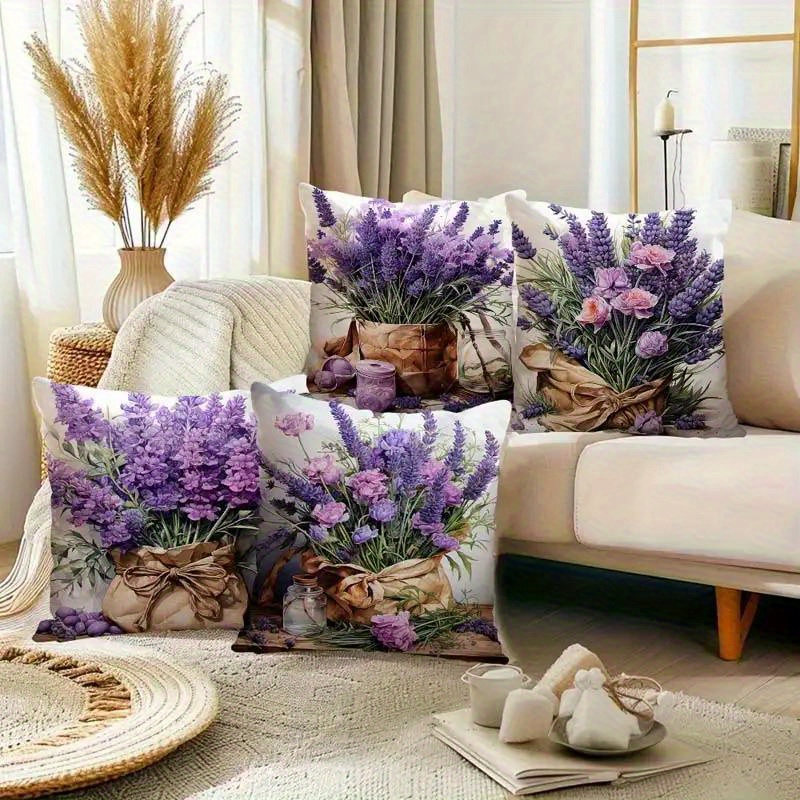 TEMU 4pcs Vintage Lily Print Velvet Pillow Covers - Soft Polyester, Machine Washable, Zipper Closure, 17.72 Inch Square, Perfect For Sofa And Living