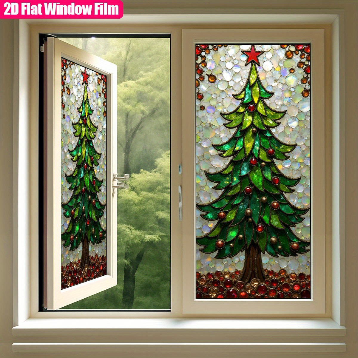 TEMU 2d Flat, 1pc, 2d Flat Frosted Static Cling Pvc Window Film Christmas Mosaic Christmas Tree With On Top And Decorations Stained Glass Window Film