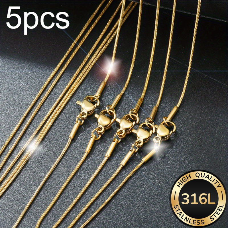 TEMU 5pcs Set Minimalist High-quality 316l Stainless Steel Golden Round Snake Chain Necklace, Men's 316l Stainless Steel Necklace, Fashionable Men's